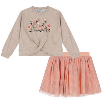 Girls Beige & Pink Tulle Skirt Set